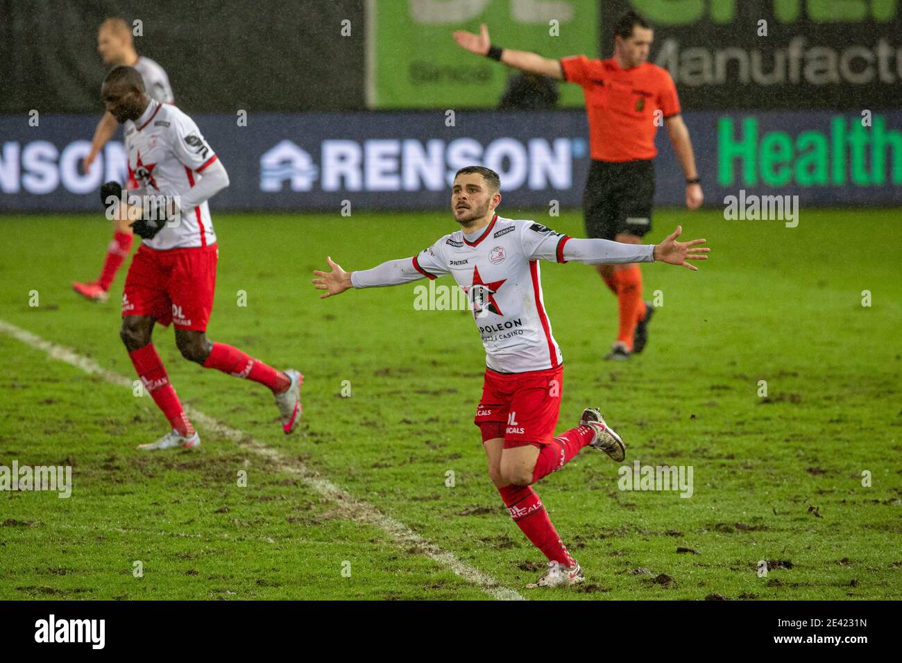 Essevee's Panagiotis Armenakas celebrates after scoring the 1-0 goal during a soccer match between SV Zulte Waregem and Oud-Heverlee Leuven, Thursday Stock Photo