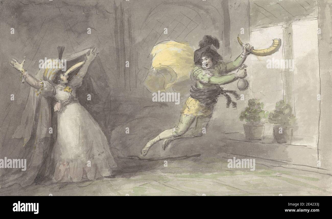 Nathaniel Dance RA, 1735â€“1811, British, Theatrical Scene, after 1804. Pen, ink, watercolor, wash, and graphite on medium, slightly textured, cream laid paper.   drama , genre subject , horn Stock Photo