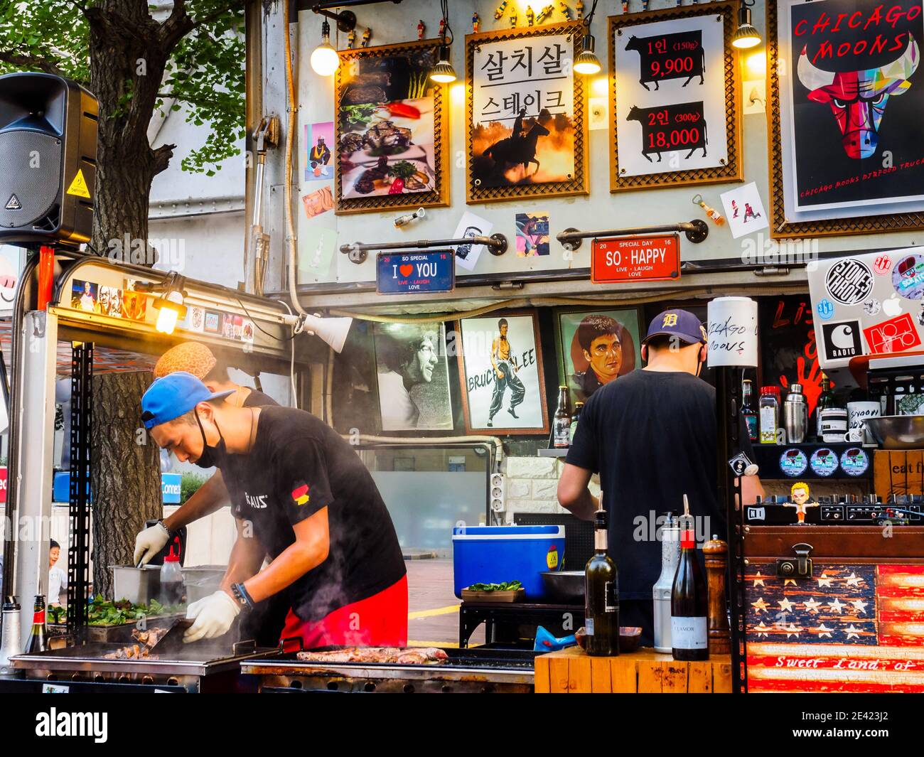 Seoul, South Korea - June 17, 2017: Vendors preparing fast food in the
