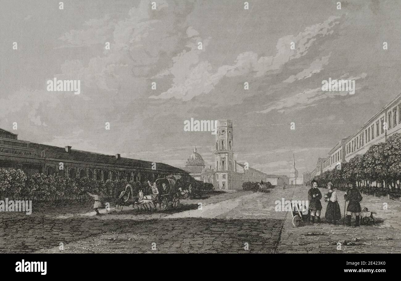 Russia, Saint Petersburg. Nevsky Prospekt. Engraving by Lemaitre. History of Russia by Jean Marie Chopin (1796-1870). Panorama Universal, Spanish edition, 1839. Stock Photo