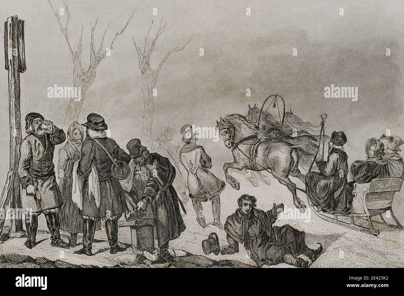 Russia. People on skates and on a horse drawn sleigh. Engraving by Lemaitre, Vernier and Chaillot. History of Russia by Jean Marie Chopin (1796-1870). Panorama Universal, Spanish edition, 1839. Stock Photo