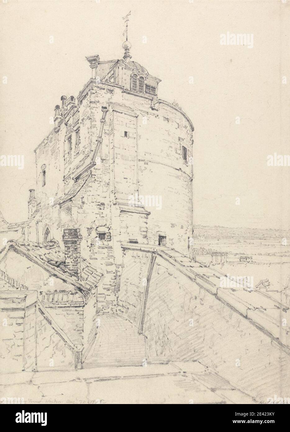 Henry Edridge, 1769â€“1821, British, The Curfew Tower, Windsor, 1808. Graphite on moderately thick, slightly textured, cream wove paper.   architectural subject , chimney , tower (building division) , walls , weathervane. England , Europe , United Kingdom , Windsor , Windsor and Maidenhead Stock Photo