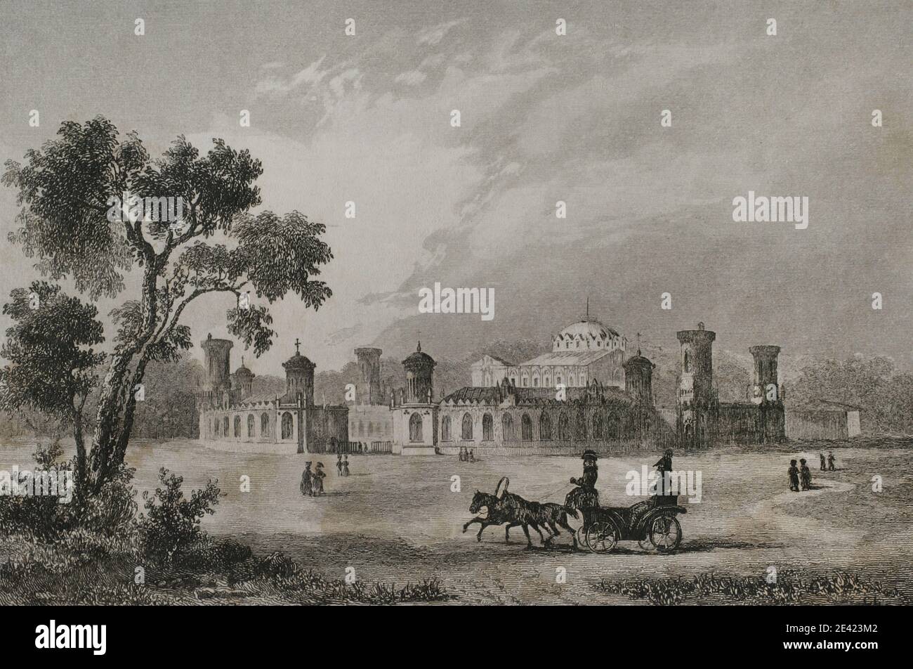 Russia, Moscow. Petrovsky Palace or Petroff Palace. It was built for Catherine the Great and designed by the Russian architect Matvey Kazakov from 1775 to 1782. The building remained as royal residence until 1918. Engraving by Lemaitre and Lalaisse. History of Russia by Jean Marie Chopin (1796-1870). Panorama Universal, Spanish edition, 1839. Stock Photo