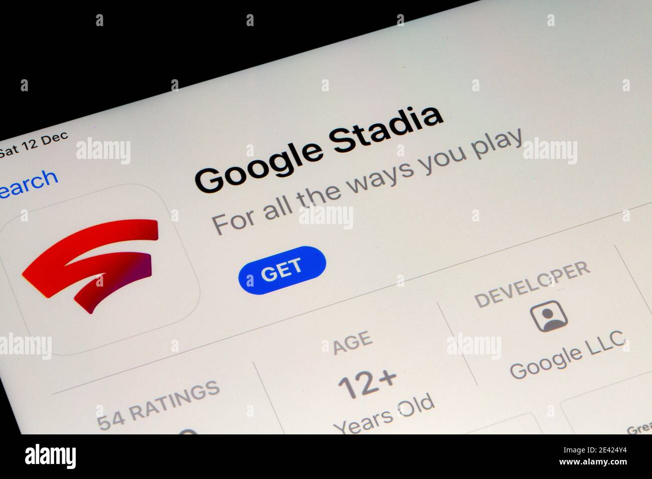 Ostersund, Sweden - Dec 12, 2020: Google Stadia app on ipad. Stadia is a cloud gaming service developed and operated by Google. Stock Photo