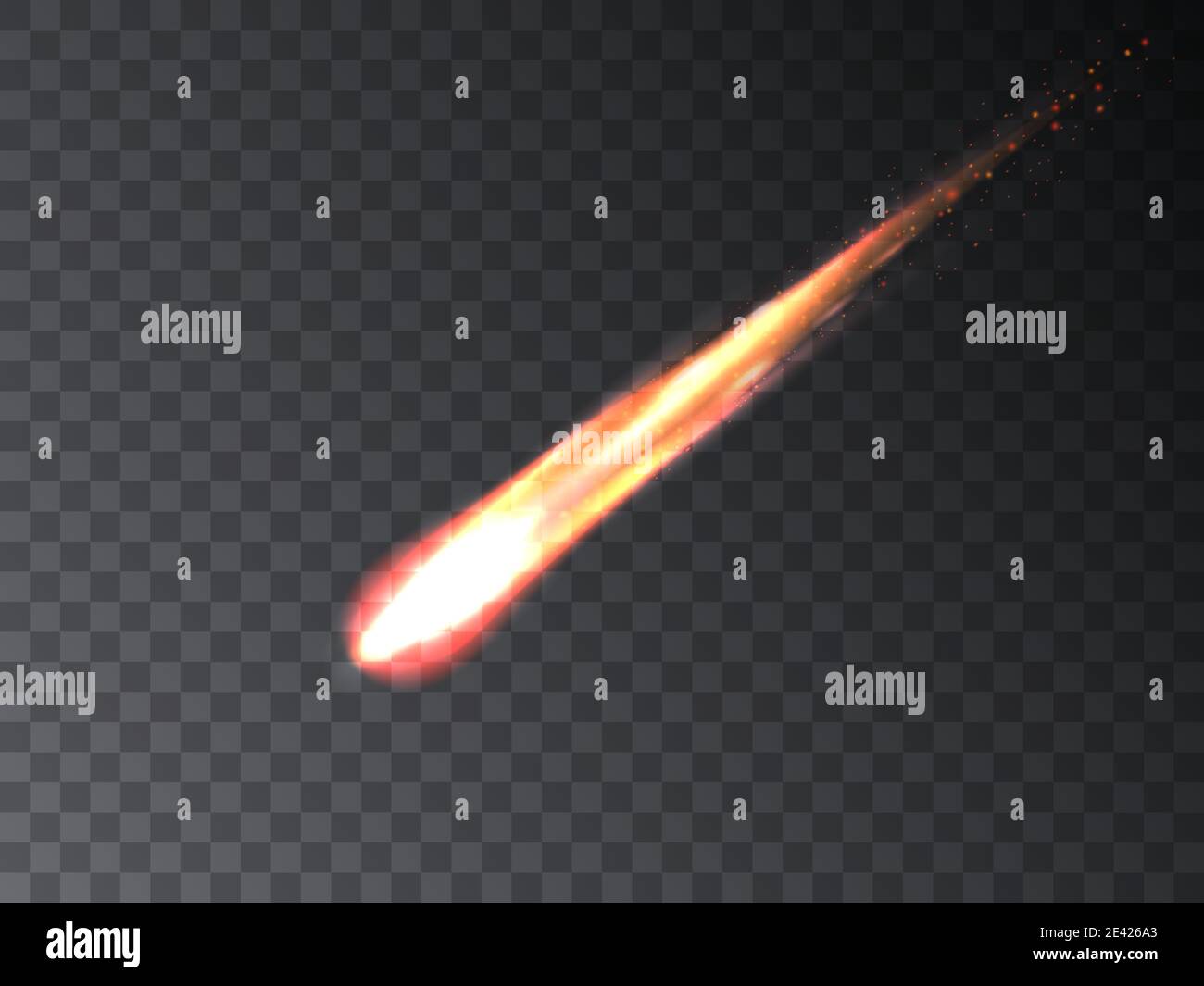 Falling meteorite. Burning fireball asteroid. Vector illustration of a falling flying burning comet meteor on a transparent background. Stock Vector
