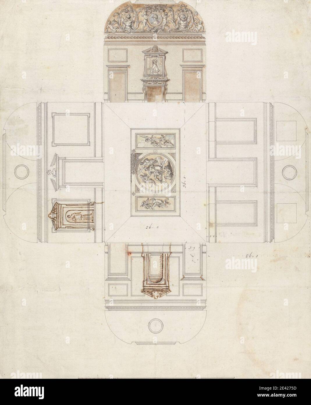 William Kent, ca.1686â€“1748, British, Stowe House, Buckinghamshire: Design for Ceiling and Wall Decoration, between 1728 and 1732. Graphite, pen and black and brown ink, brown and gray wash on moderately thick, slightly textured, white laid paper with four fold marks bar scale of 2/13 inch to 1 foot.   architectural subject , ceiling , cove ceilings , Palladian , plans (drawings) , reflected ceiling plans. Buckingham , Buckinghamshire , England , Europe , Stowe house , United Kingdom Stock Photo