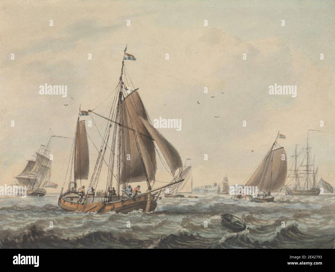 Dominic Serres RA, 1722â€“1793, French, active in Britain (from the 1750s), Dutch Shipping, undated. Watercolor, graphite, pen and brown ink on thin, moderately textured, cream laid paper.   Aves (class) , Dutch , flags , marine art , sea , seamen , shipping Stock Photo