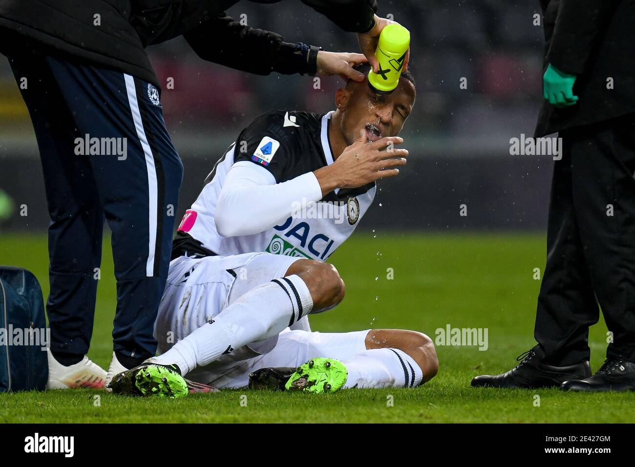 January 20, 2021, Udine, Italy: Udine, Italy, Friuli - Dacia Arena stadium, January 20, 2021, Rodrigo Becao (Udinese) injuried during Udinese Calcio vs Atalanta BC - Italian football Serie A match (Credit Image: © Ettore Griffoni/LPS via ZUMA Wire) Stock Photo