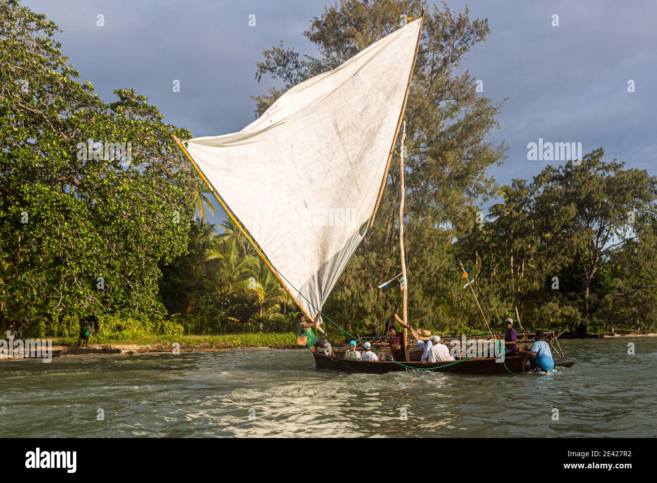 Polynesian style sailing on a Proa (multihull outrigger sailboat) in