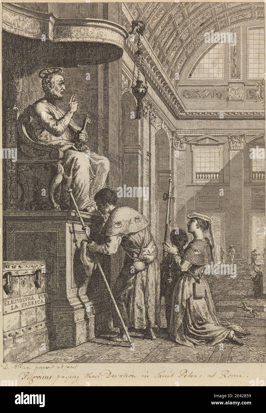 Print made by David Allan, 1744–1796, British, born in Scotland, Pilgrims Paying Their Devotion in St. Peters at Rome, between 1773 and 1775. Etching on moderately thick, rough, cream laid paper.   arches , architecture , bags , book , boy , cap , child , Christianity , church , dog (animal) , dress , genre subject , gesture , halo , husband , interior , kerchief , kissing , kneeling , lamp , locks , luggage , mantle , men , pilasters , pilgrims , prayer , praying , relief , religious and mythological subject , rosary , shawl , shells , son , staffs , statue , throne , tiles , travelers , vaul Stock Photo