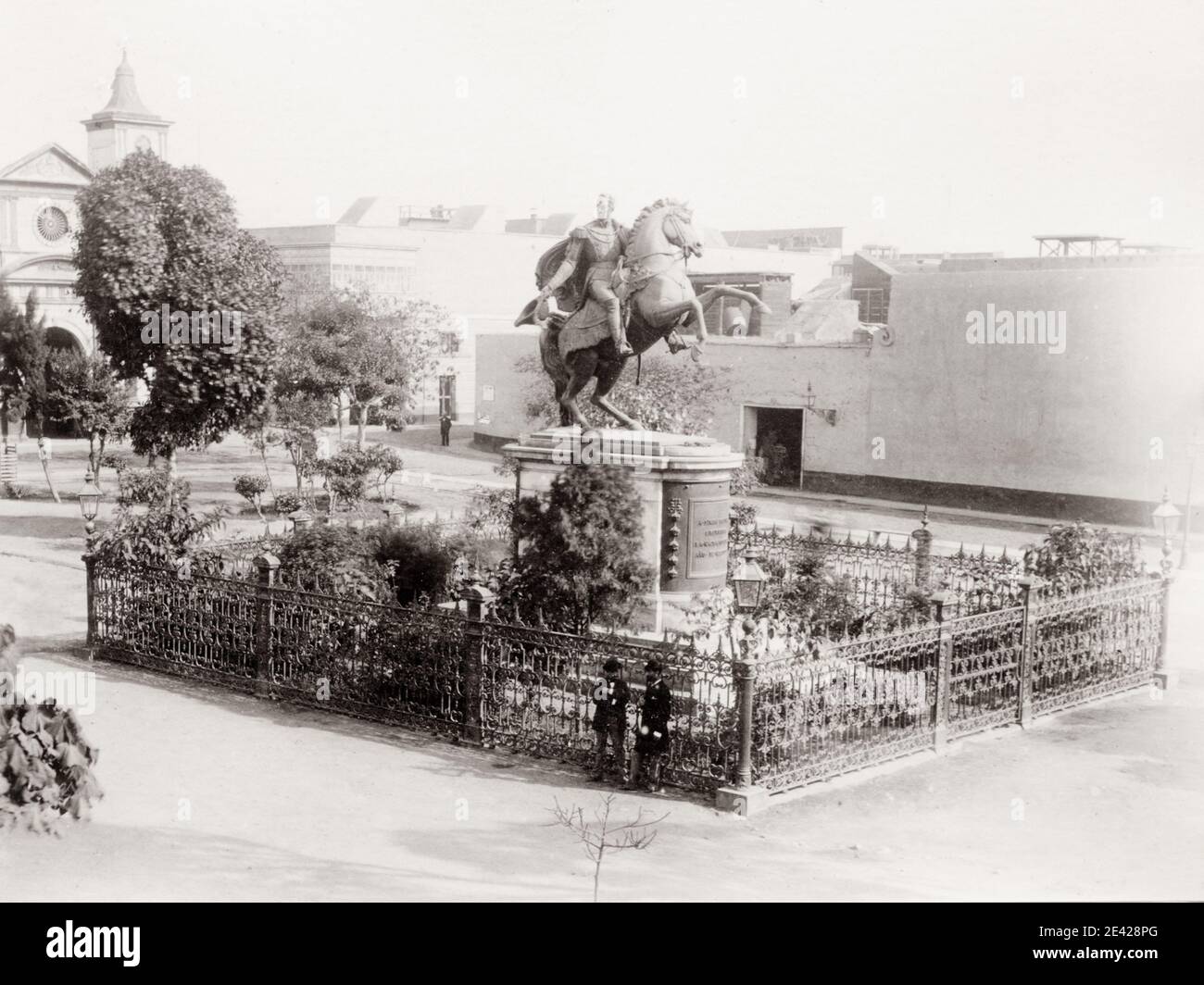 Vintage 19th century photograph: Simon Bolivar equestrian, horse, statue, Lima Peru. Stock Photo