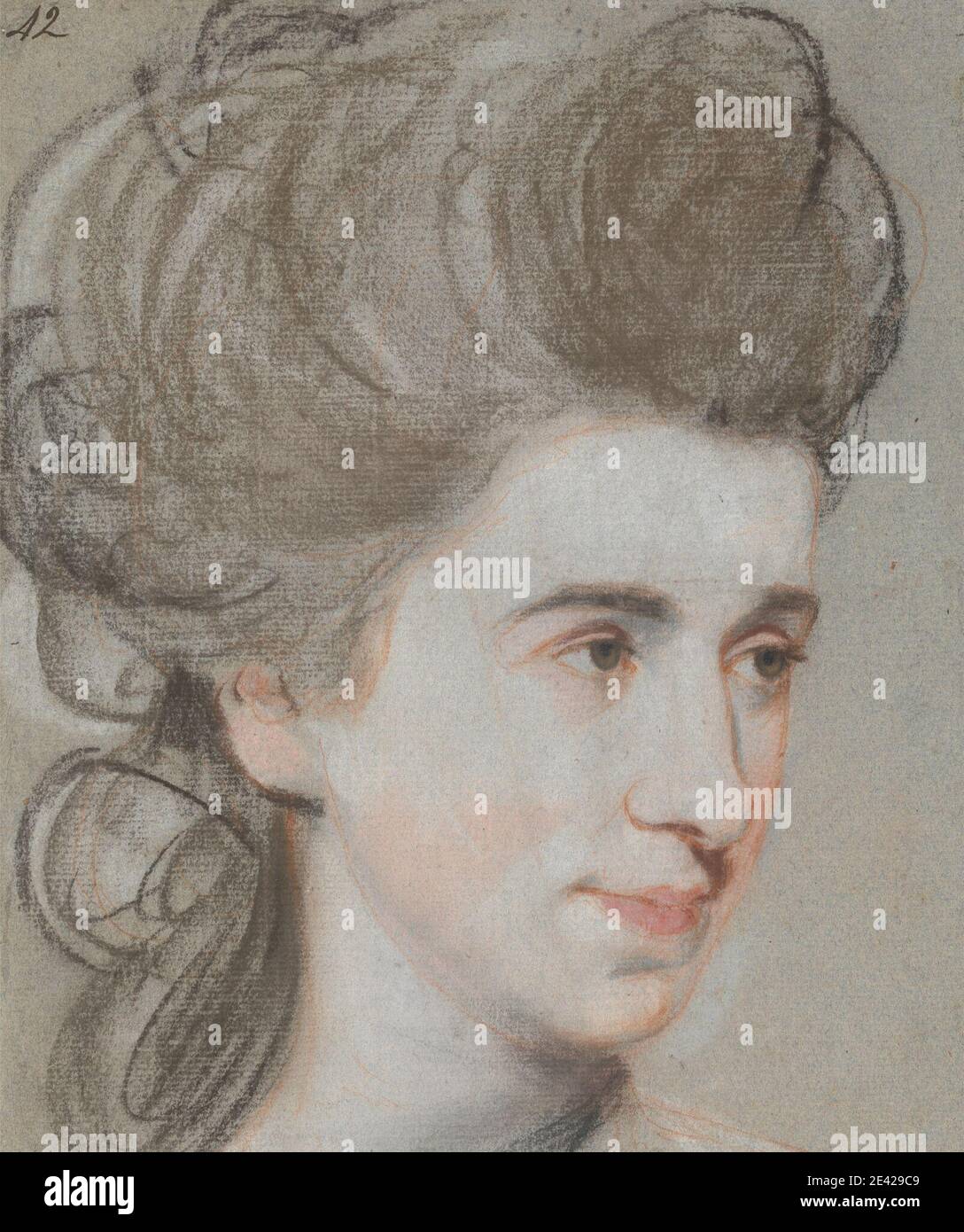 John Russell, 1745â€“1806, British, Head of a Lady, ca. 1780. Colored crayons, white chalk, black chalk, and red chalk on thin, slightly textured, blue laid paper.   figure study , hair , hairstyles , head , portrait , woman Stock Photo