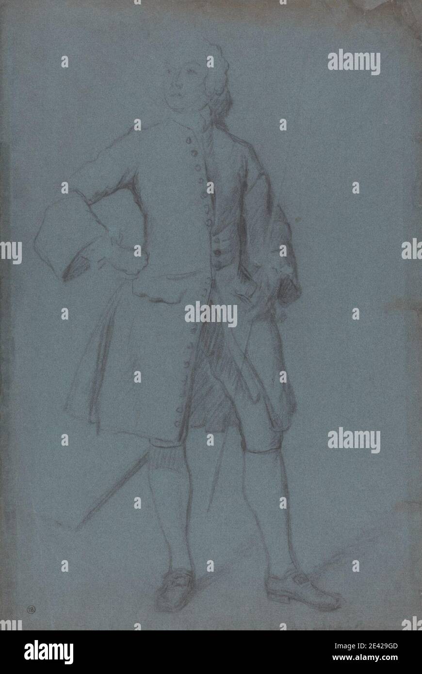 Allan Ramsay, 1713â€“1784, British, Man Standing Holding a Staff in His Left Hand, Full Length, undated. Black chalk on medium, moderately textured, blue laid paper.   breeches (trousers) , coats , cuff links , figure study , men , shoes (footwear) , sleeve ruffs , staffs (walking sticks) , standing , stockings , wigs Stock Photo