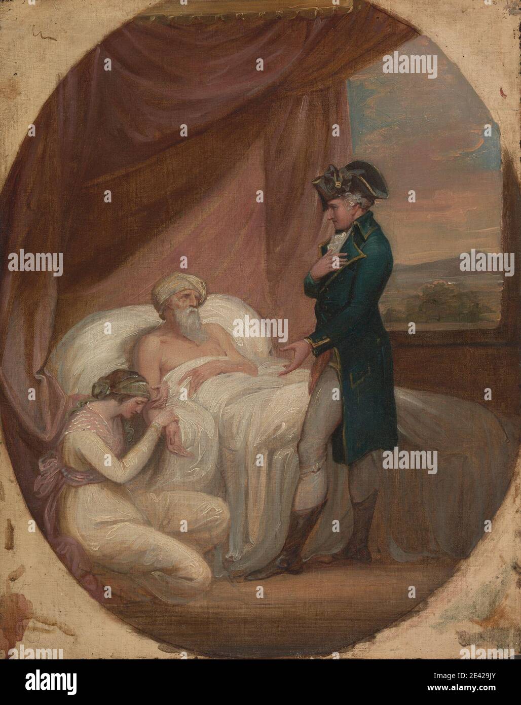 Thomas Kirk, 1765â€“1797, Irish, The Brahmin Committing his Daughter Coraly to the Care of Blandford, ca. 1793. Oil on canvas.   beard , bed , blankets , boots , brahmin , chemise dress , costume , curtains , daughter , death , educator , elderly , father , gesture , Hindu , Hinduism , historical subject , man , mountains , oval , preacher , scholar , shawls , tricorne , uniform , window , woman Stock Photo