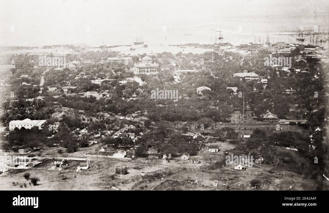 Vintage 19th century photograph view of Honolulu from the Punch Bowl