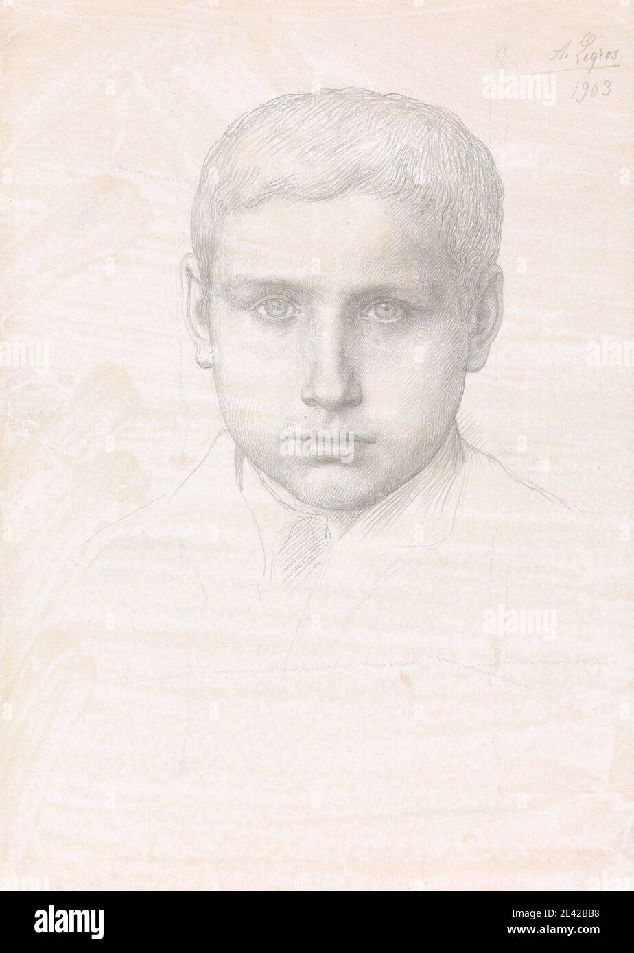 Alphonse Legros, 1837â€“1911, French, active in Britain (1863â€“11), A Young Boy, 1903. Metalpoint; verso: graphite and pen and brown ink on medium, slightly textured, beige laid paper prepared with a white ground.   boy , face , figure study Stock Photo