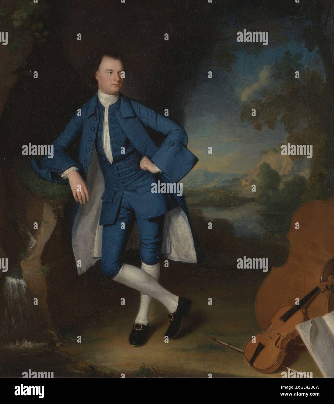 George Romney, 1734â€“1802, British, Portrait of a Man, between 1758 and 1760. Oil on canvas.   breeches , cliffs , figure study , gentleman , instrument , landscape , man , music , musician , rural , violin Stock Photo