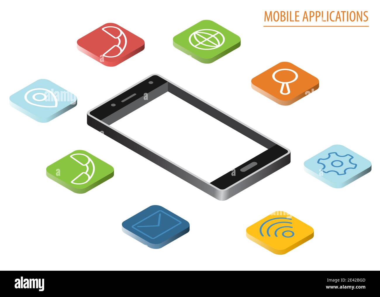 Mobile applications technology isometric collection. Software development and installation. Vector illustration Stock Vector