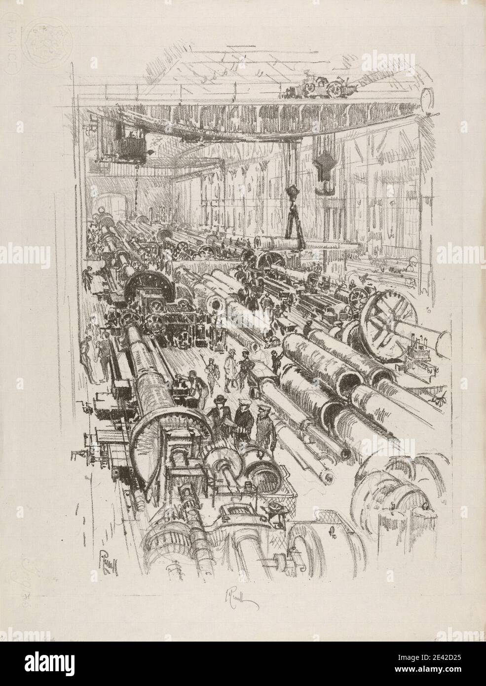 Print made by Joseph Pennell, 1860â€“1926, American, The Gun Shop, 1917. Lithograph on medium, cream, slightly textured laid paper.   cannons (artillery) , factory , genre subject , guns , industry , laborers , men , shop , wars , Weapons and Ammunition , World War, 1914-1918 Stock Photo