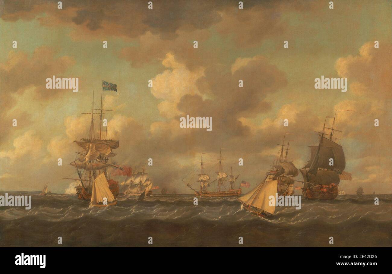 Dominic Serres RA, 1722–1793, French, active in Britain (from the 1750s), English Ships Coming to Anchor in a Fresh Breeze, late 18th century. Oil on canvas. anchor , breeze , cutters (sailing vessels) , flags , fleet , full-rigged ships , sailboats , sea , ships , ships of the line , sloops (sailing vessels) , water , wind Stock Photo