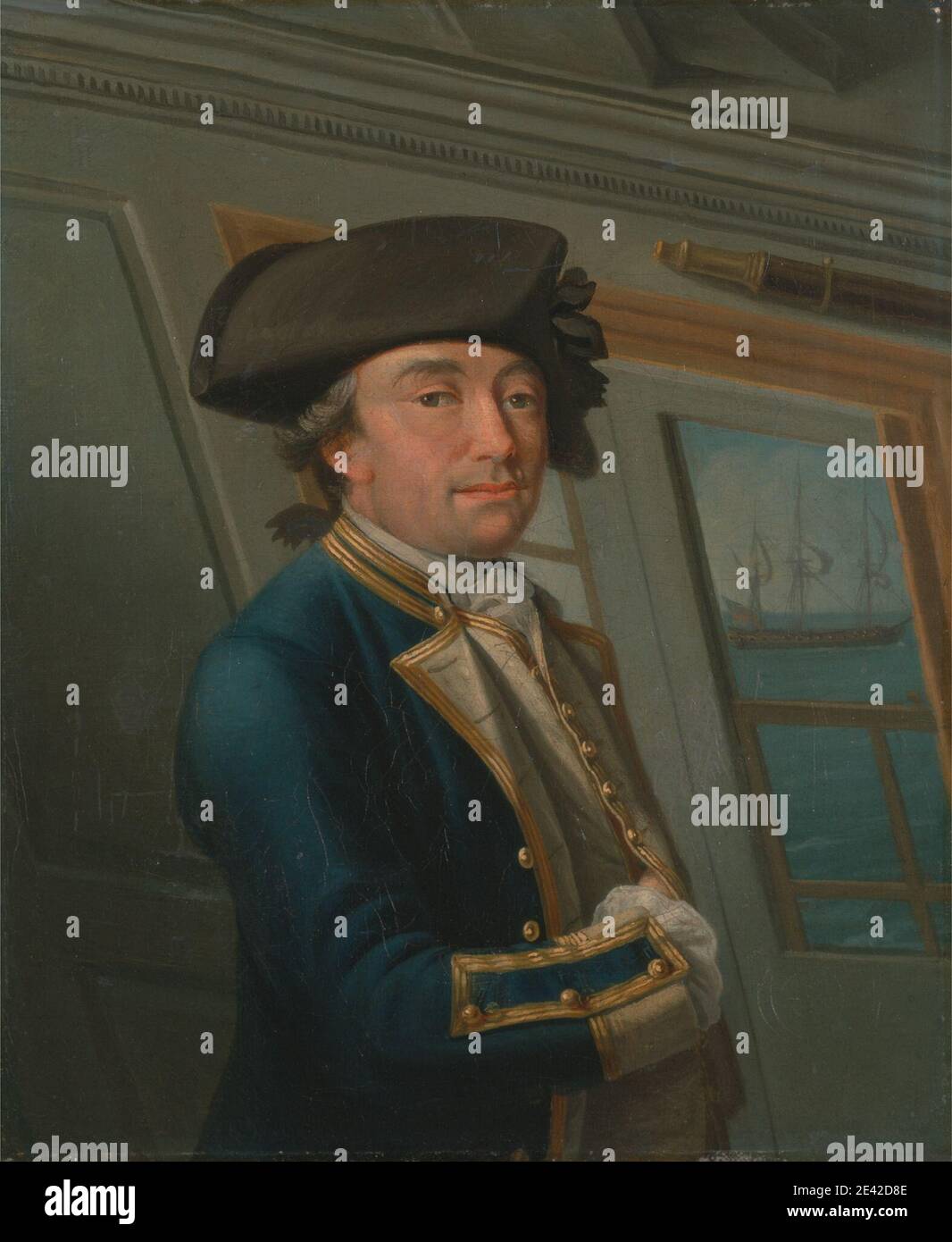Dominic Serres RA, 1722â€“1793, French, active in Britain (from the 1750s), Captain William Locker, 1769. Oil on canvas.   cabin (vehicle space) , captain (military officer) , cravat , engageantes , frigate , hat , man , marine art , navy , officer (military officer) , portrait , ruffle , sailing , sea , ship , tricorne , uniform , water , window Stock Photo