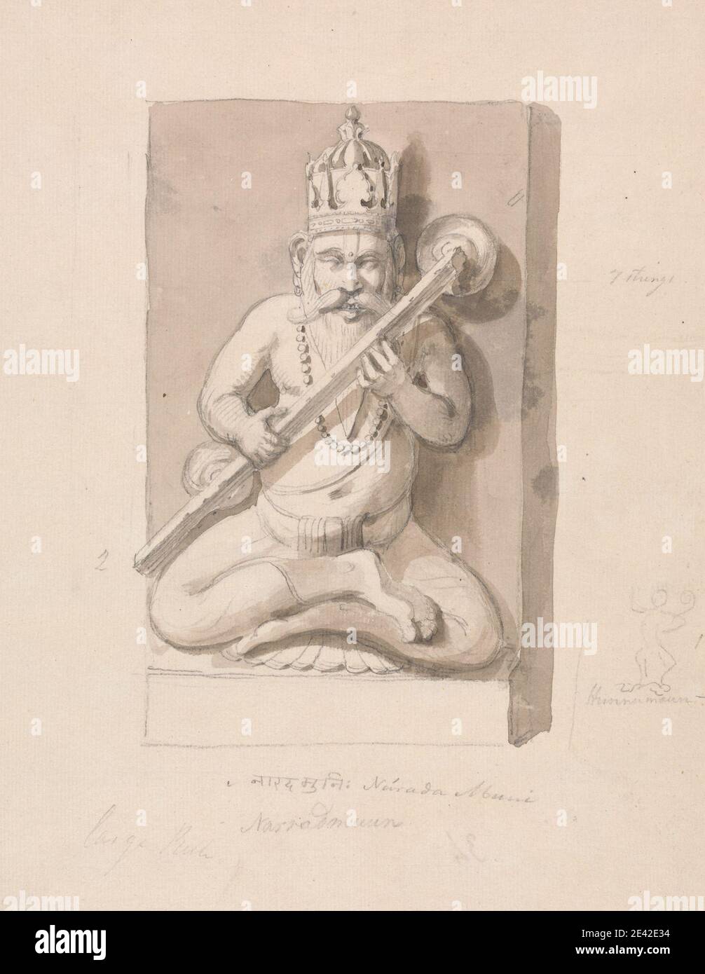 Thomas Daniell, 1749â€“1840, British, active in India, Narada Muni, undated. Brown wash with graphite on medium, moderately textured, cream, laid paper, mounted on moderately thick, slightly textured, cream, wove paper.   architectural subject , god , religious and mythological subject , sculpture , study (visual work) Stock Photo