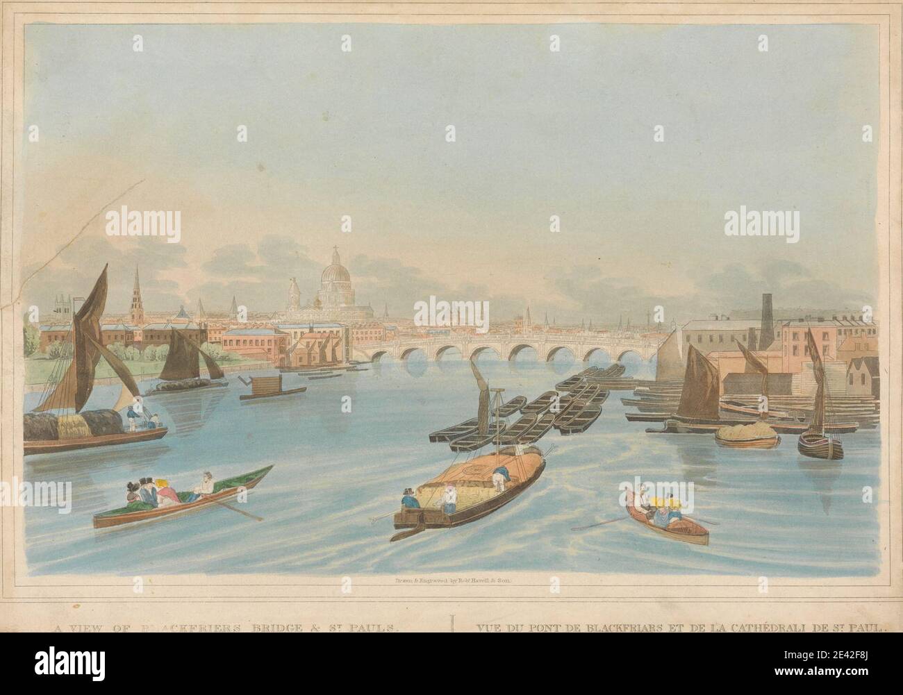 Robert Havell, 1769â€“1832, British, A View of Blackfriars Bridge and St. Pauls. Aquatint, hand-colored. Stock Photo