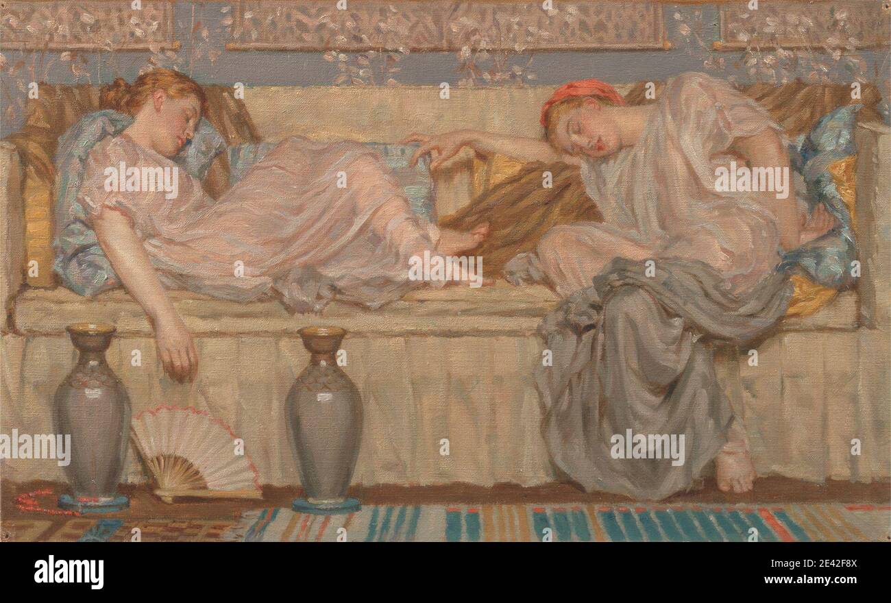 Albert Joseph Moore, 1841â€“1893, British, Beads (study), ca. 1875. Oil on canvas.   beads , blanket (covering) , couch , fan (costume accessory) , genre subject , girls , paintings , pillows , Pre-Raphaelite , rug , sleeping , sofa , study (visual work) , vases , Victorian Stock Photo