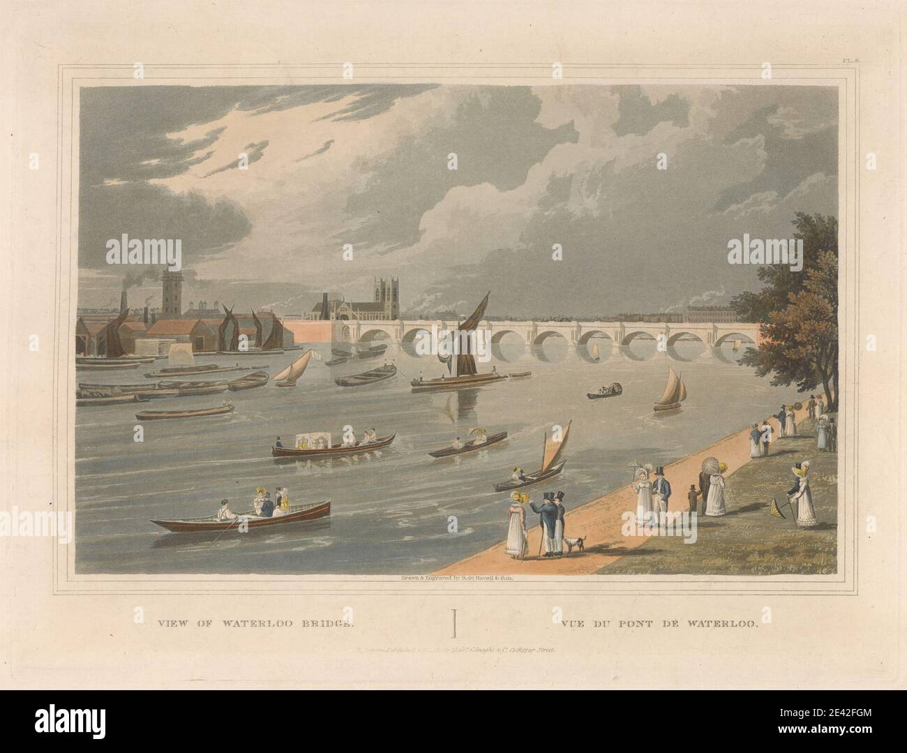 Robert Havell, 1769â€“1832, British, View of Waterloo Bridge, 1820. Aquatint, hand-colored. Stock Photo