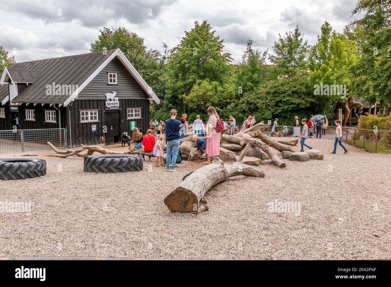 Aalborg, Denmark - 25 Jul 2020: Many people in Aalborg Zoo on a nice summer day, Children play with goats Stock Photo