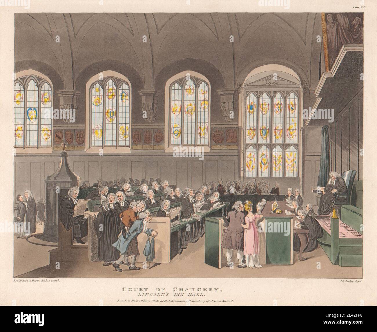 Joseph Constantine Stadler, active 1780â€“1812, British, Court of Chancery, Lincoln's Inn Hall, 1808. Aquatint, hand-colored. Stock Photo