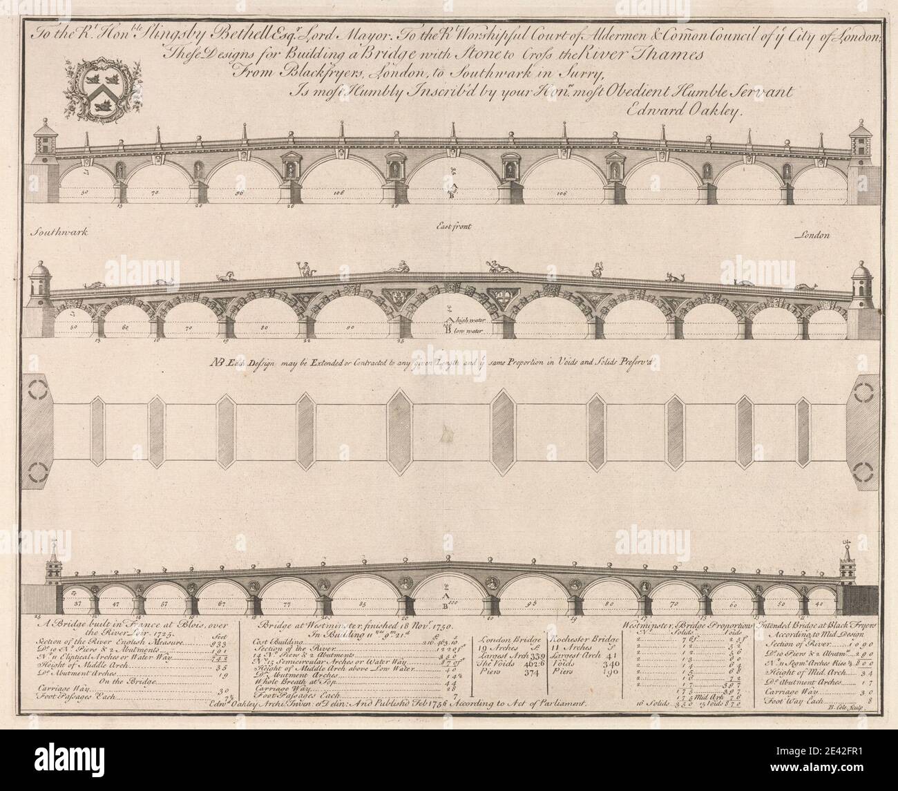 Benjamin Cole, 1697â€“1783, British, Designs for Blackfriars Bridge, 1756. Engraving. Stock Photo