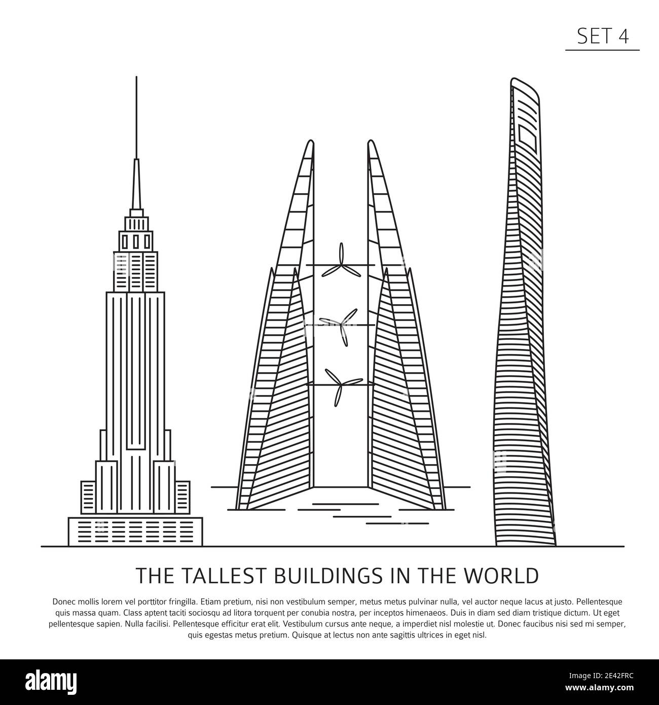 The tallest buildings in the world. Skyscrapers simple line icon set isolated on white. Vector illustration Stock Vector