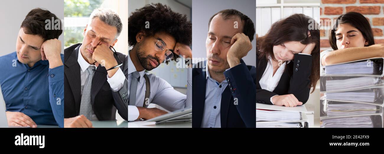 Lazy Bored People At Work In Office Collage Stock Photo