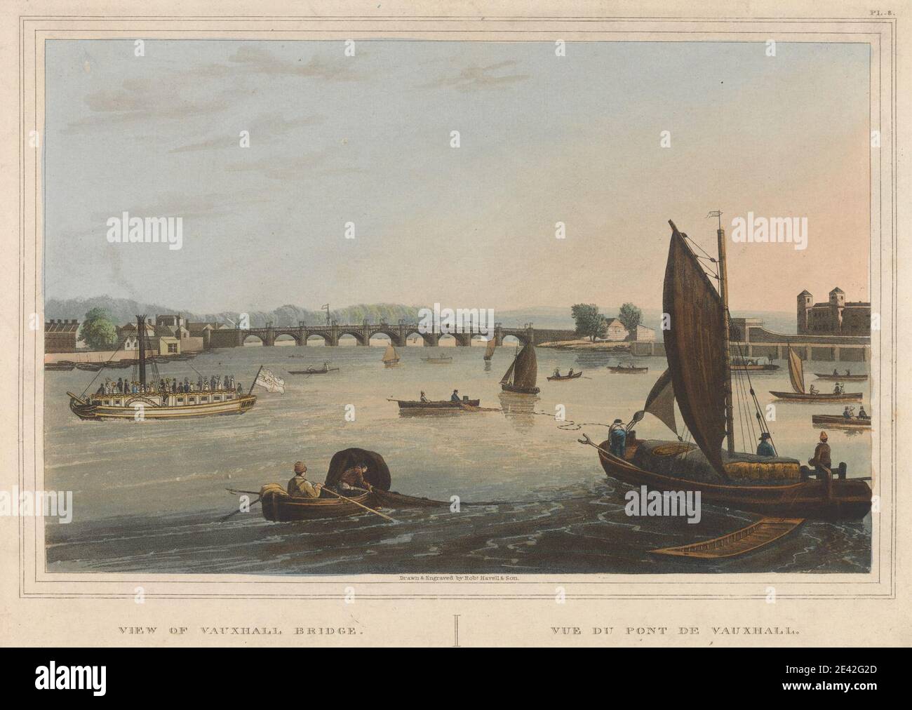 Robert Havell, 1769â€“1832, British, View of Vauxhall Bridge, 1821. Aquatint, hand-colored. Stock Photo