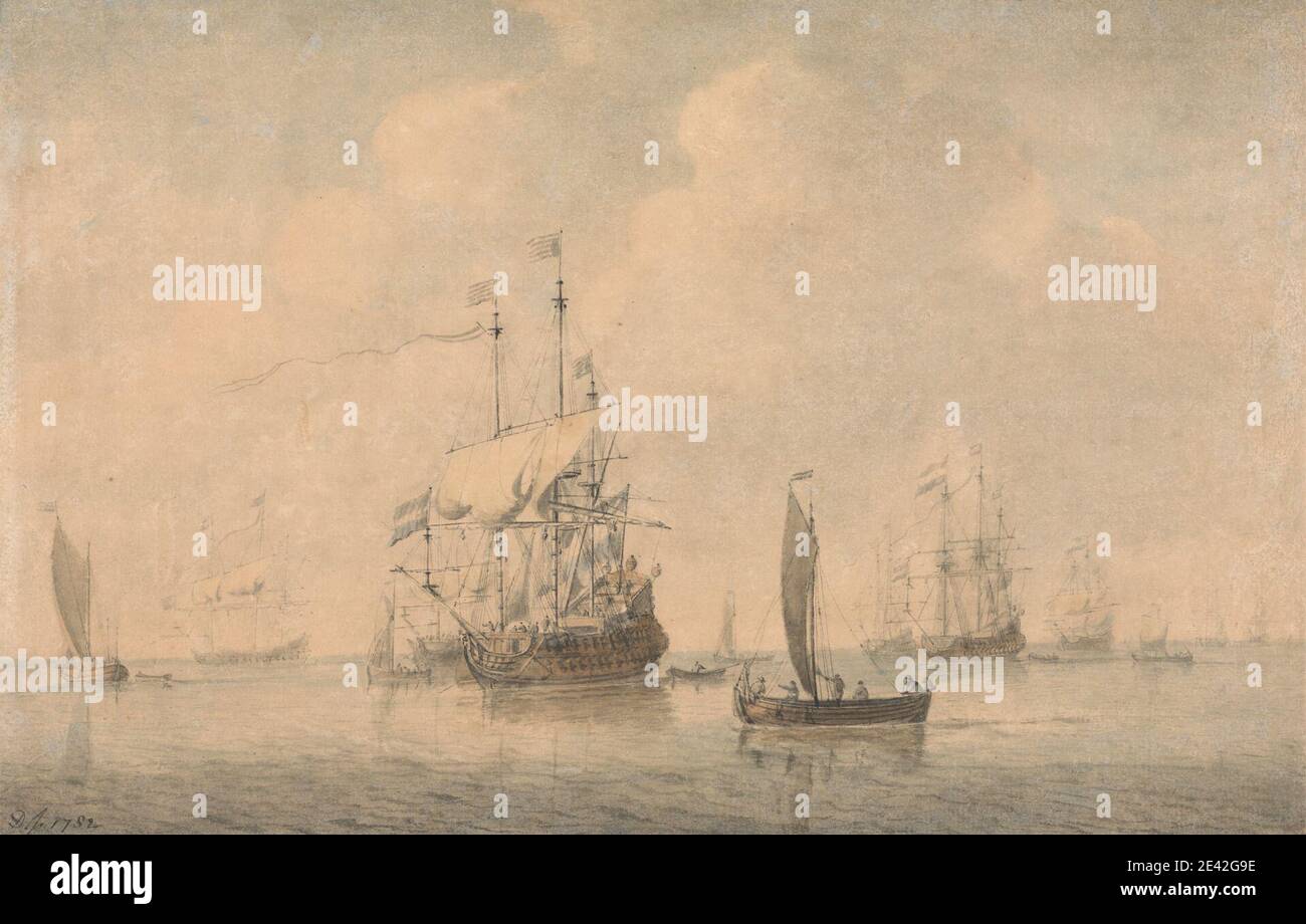Dominic Serres RA, 1722â€“1793, French, active in Britain (from the 1750s), Warships Preparing to Sail from their Anchorage, 1782. Watercolor and pen and gray ink with graphite on cream, moderately thick, slightly textured, laid paper.   boats , clouds , men , oceans , ships , war , wars , warships Stock Photo