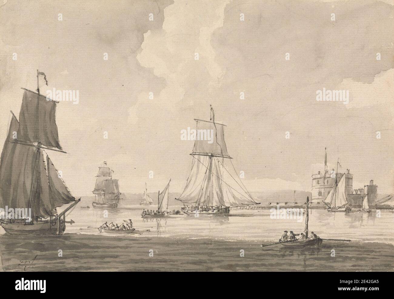 Dominic Serres RA, 1722–1793, French, active in Britain (from the 1750s), Shipping in Southampton Water, off Calshott Castle, undated. Gray wash with pen and black ink over graphite on medium, moderately textured, cream laid paper. boats , castles , clouds , men , sea , shipping. Calshot , England , Hampshire Stock Photo