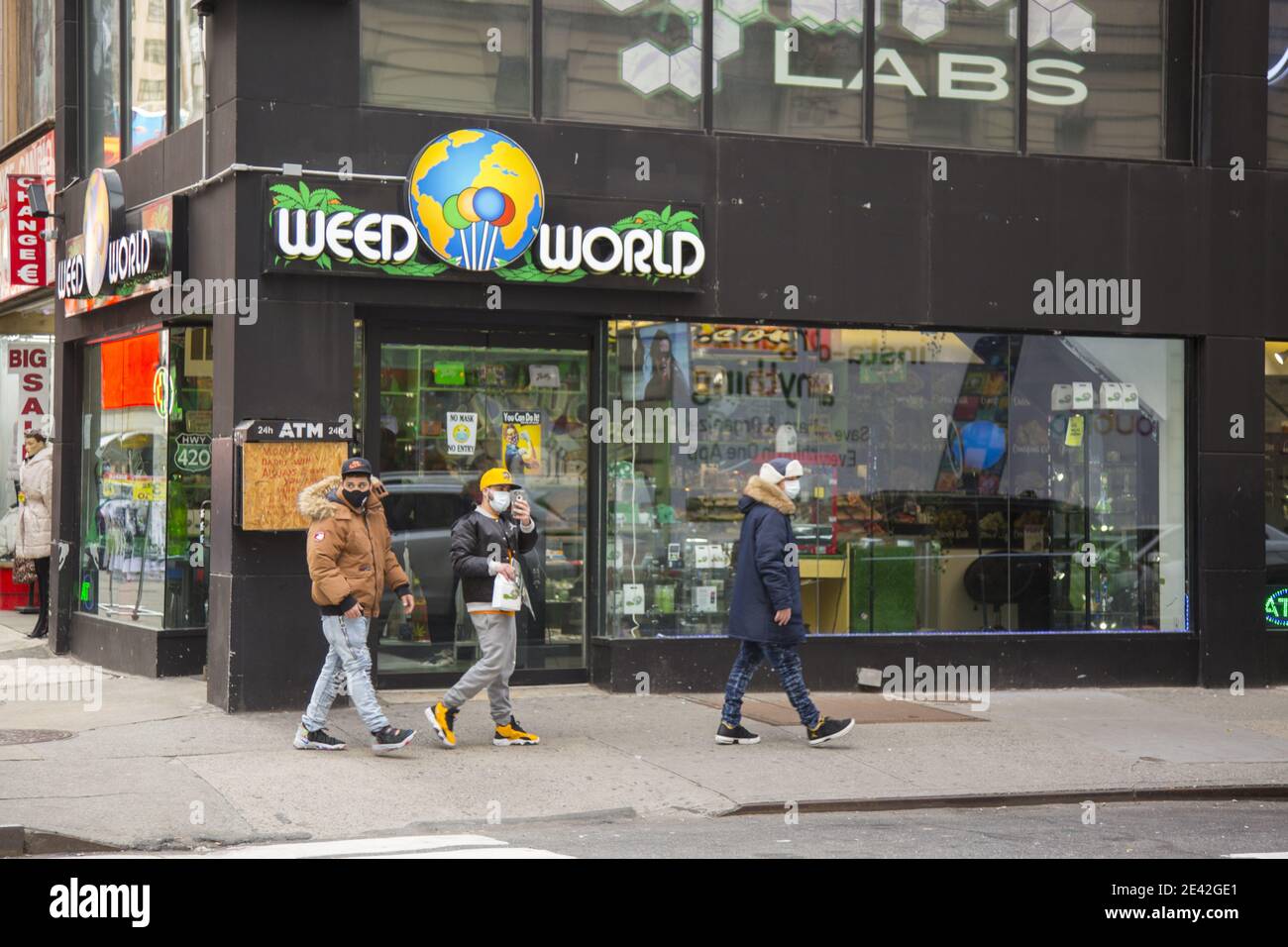 Weed World a retail Marijuana shop on 7th Avenue in midtown Manhattan gets mixed reviews by the public in New York City. Stock Photo