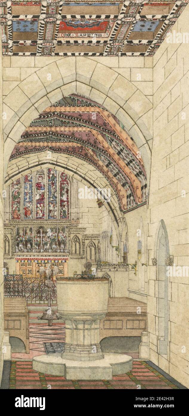 George Edmund Street, 1824â€“1881, British, Design for Polychromatic Decoration of a Church, undated. Watercolor and gouache with pen and black ink on moderately thick, rough, cream wove paper.   altar , arch , architectural subject , ceilings , nave , polychromatic , sconces , stained glass Stock Photo
