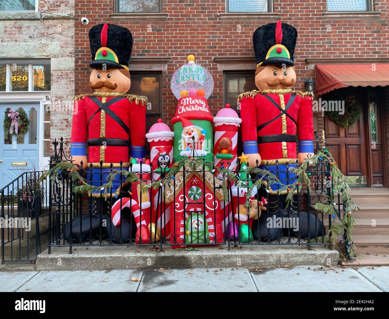 Large Christmas decorationsin front of an apartment house in the Windsor Terrace neighborhood of Brooklyn, New York. Stock Photo
