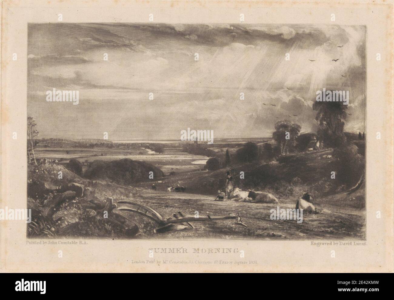 Print made by David Lucas, 1802â€“1881, British, Summer Morning, 1831. Mezzotint on moderately thick, slightly textured, cream wove paper with chine collÃ©.   Dedham Vale , England , Essex , Europe , Langham , United Kingdom Stock Photo