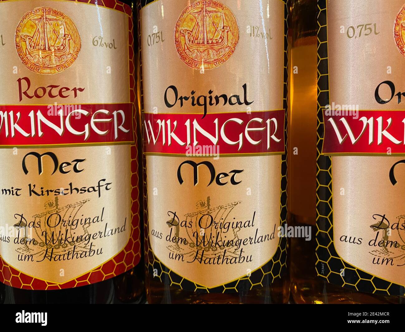 Viersen, Germany - January 9. 2020: Closeup of bottles with Wikinger honey  wine met in shelf of german supermarket (focus on central bottle Stock  Photo - Alamy