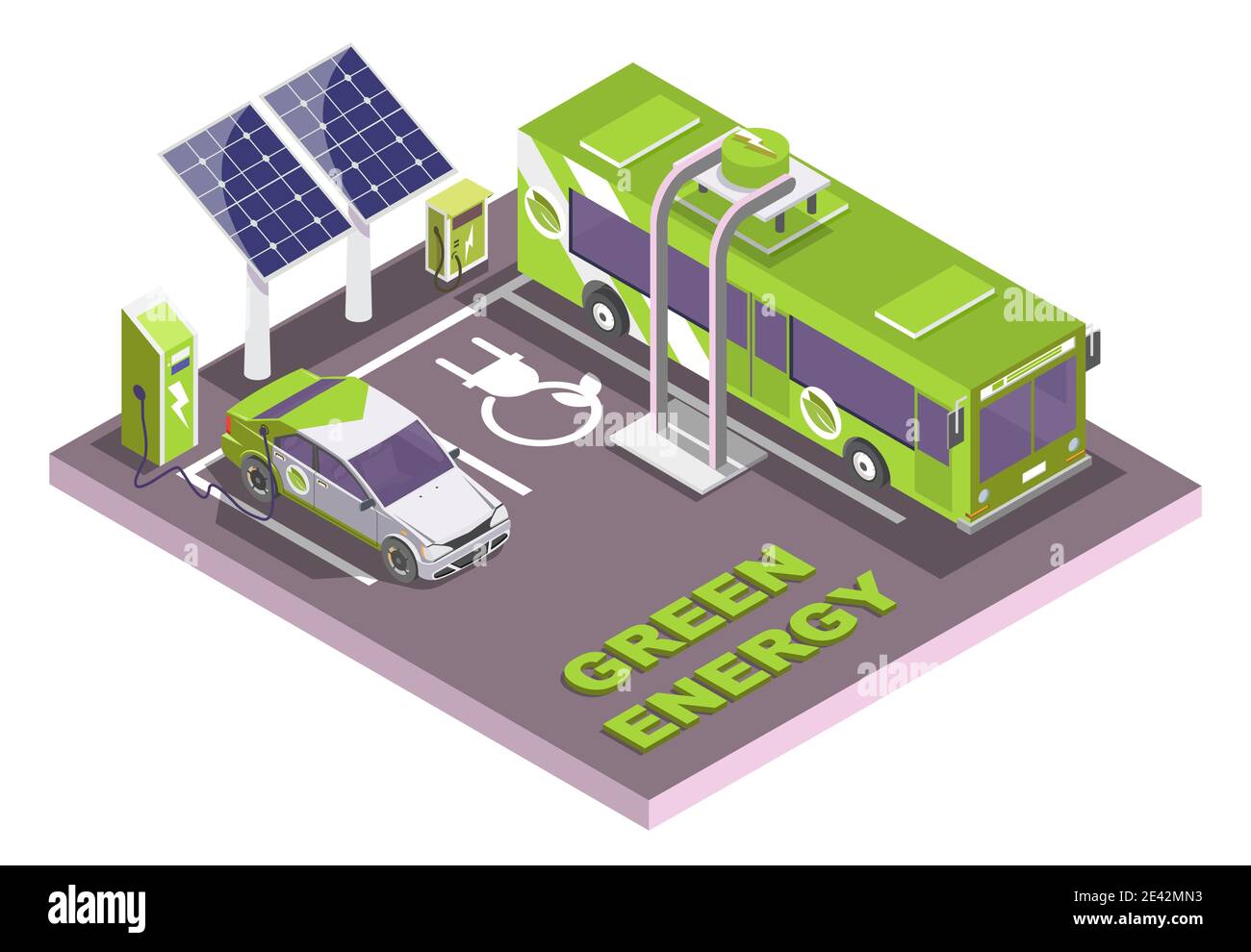 Electric vehicle charging station, electromobile and city public bus, vector flat isometric illustration. Eco transport. Stock Vector