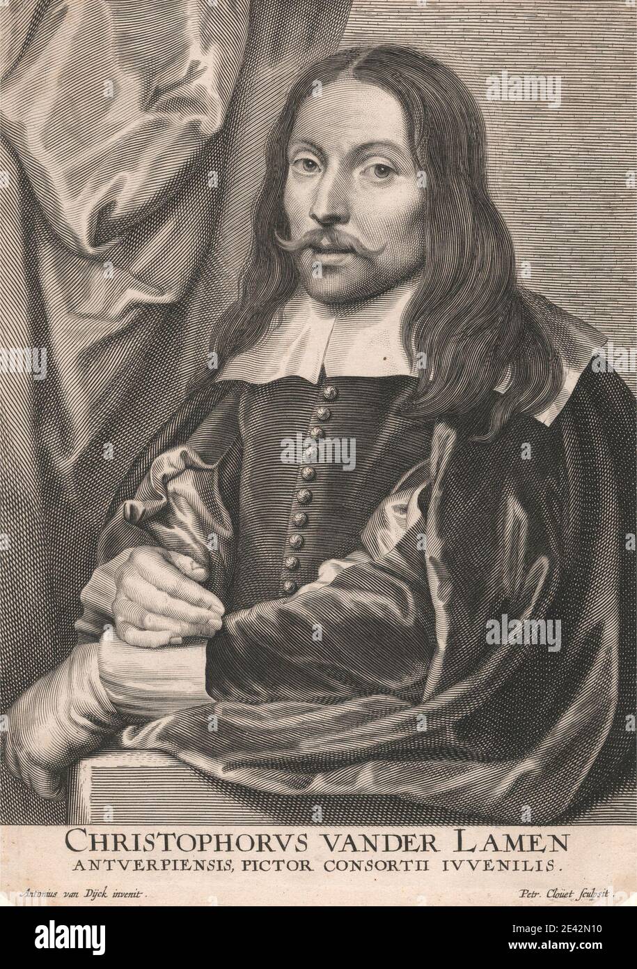 Peter Clouet, 1629â€“1670, Flemish, Christophorus van der Lamen Antuerpiensis, Pictor Consortii Juvenilis, ca.1635. Line engraving and stipple engraving on medium, slightly textured, browned white, laid paper, mounted on, moderately thick, slightly textured, cream, laid paper. Stock Photo