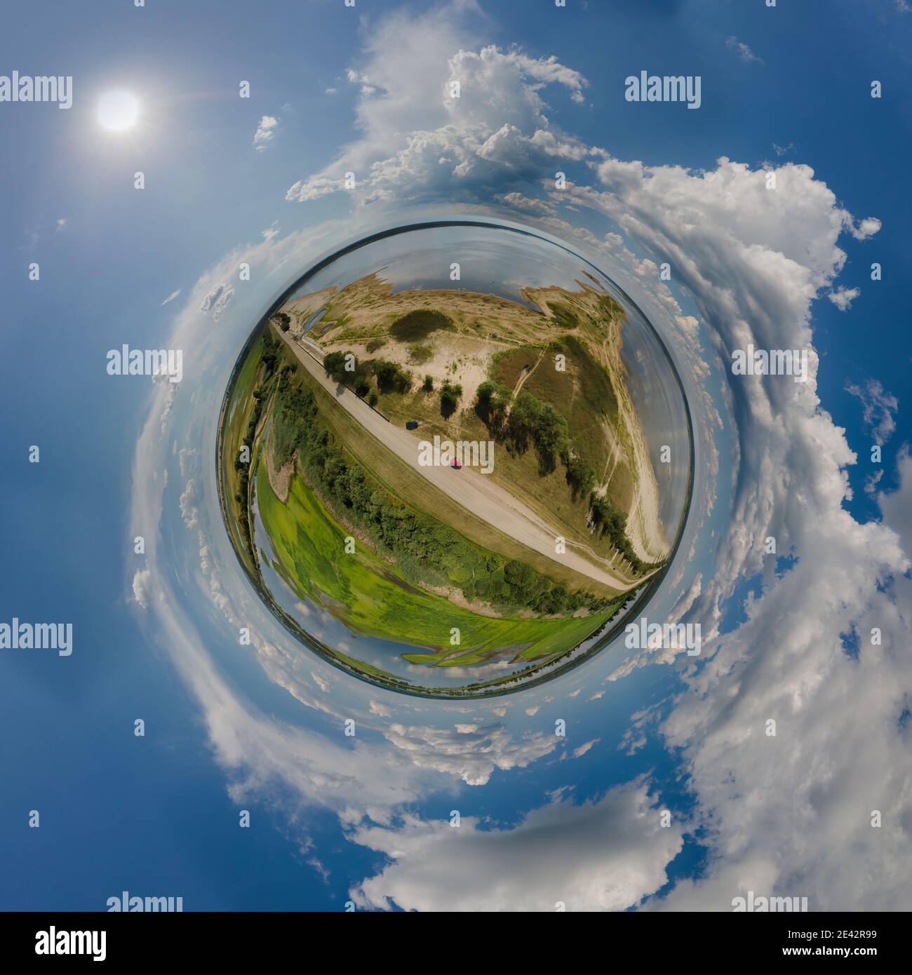 Panoramic view from drone, small planet and blue sky around the globe Stock  Photo - Alamy