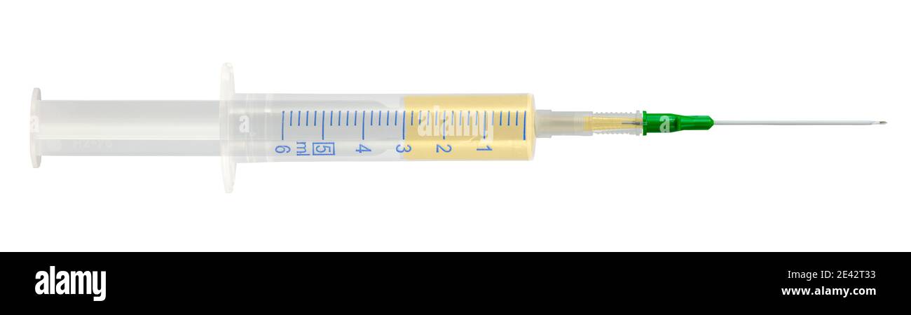 Isolated Syringe With Hypodermic Needle Filled With Vaccine For Covid-19 Stock Photo