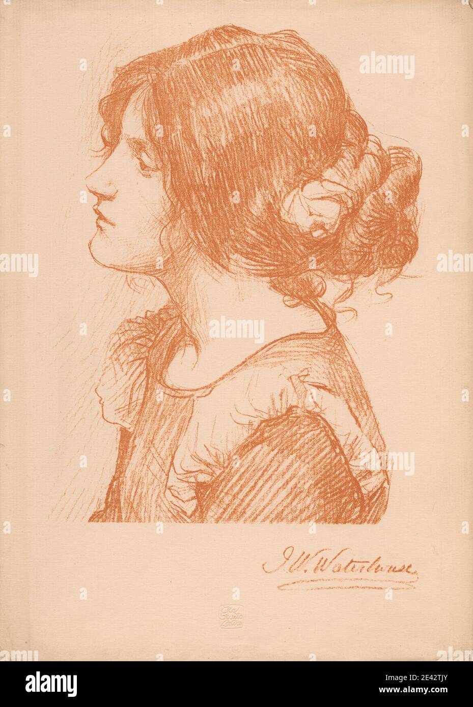 John William Waterhouse, 1849â€“1917, British, Head of a Woman (Various lithographs from 'The Studio' journal), 1896. Lithograph. Stock Photo