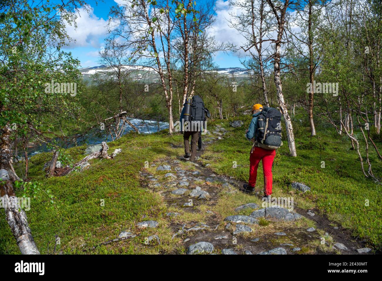 Padjelanta National Park, Beautiful Mountain Scenery and Hiking Trails leading away from Camera with group of hikers trekking and living the wanderlus Stock Photo