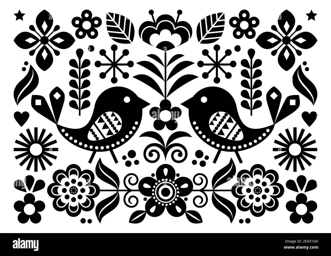Scandinavian folk art vector cute floral pattern, greeting card or invitation A7 format black and white design with birds, flowers inspired by traditi Stock Vector