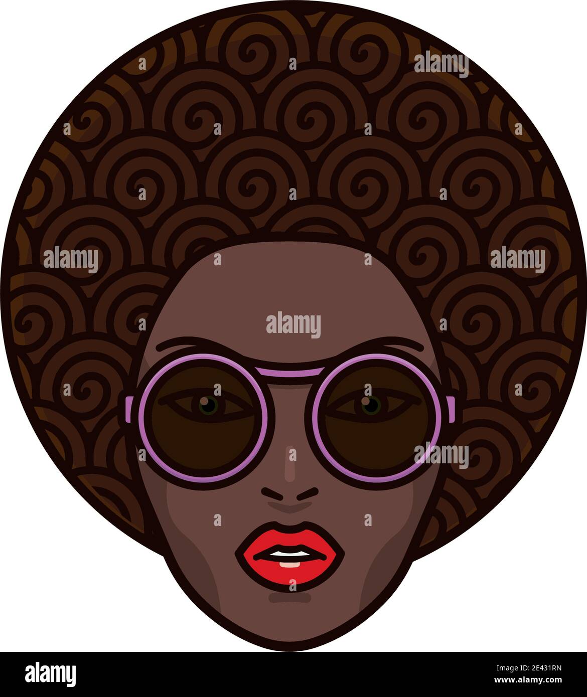 Curly hair beautiful african woman face with purple sunglasses and red lips isolated  vector illustration for Afro Day on September 15 Stock Vector